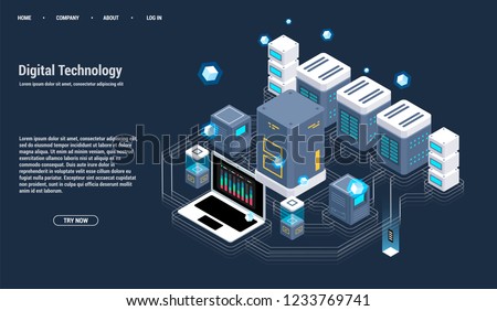 Isometric Server room and big data processing concept, datacenter and data base icon, digital information technology, neon dark gradient