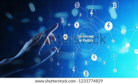 Lightning network communication in cryptocurrency technology. Bitcoin and internet payment concept on virtual screen.