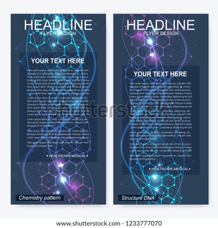 Scientific set of modern vector banners. DNA molecule structure with connected lines and dots. Scientific and technology concept. Wave flow graphic background for your design. Vector illustration