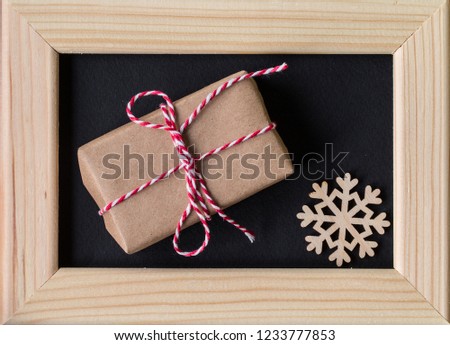 Christmas decoration with photo frame. Top View. Space for text. Christmas and New Year holiday background. Winter holidays concept. 
