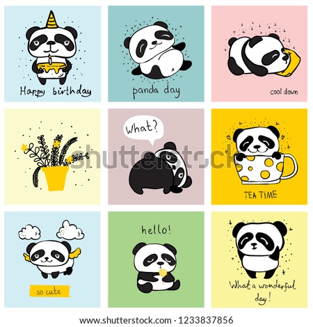  Set of vector cards with cute pandas and funny quotes for kid's interiors, banners and posters.