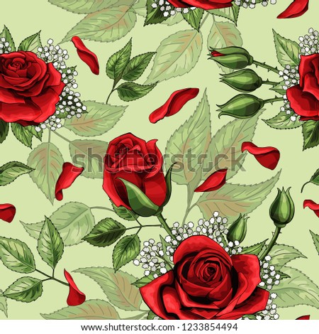 Red rose bouquets and green leaves elements seamless pattern background. For bed linen or light textile design