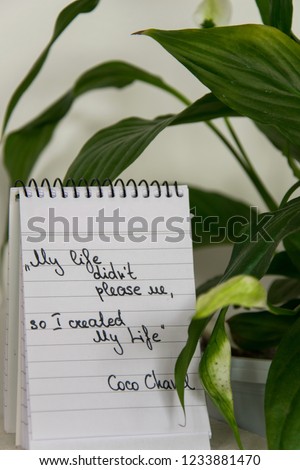 Coco Chanel quotes written on a block note and potted houseplant, inspiration phrase "My life didn't please me, so I created My Life"