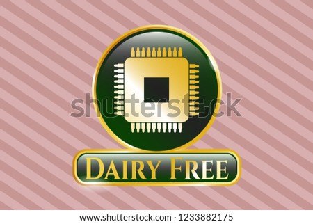 Shiny emblem with microchip, microprocessor icon and Dairy Free text inside