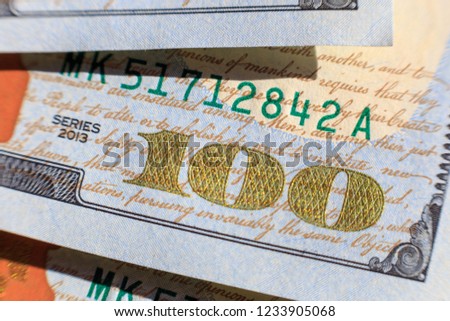 Close-up view on one hundred dollar bill. Macro view on one hundred dollar banknote