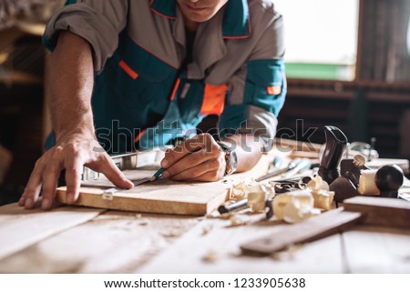 Carpenter, joiner at work in the workshop. Man at work on wood. Royalty-Free Stock Photo #1233905638