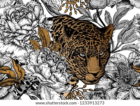 Leopard and peonies. Seamless floral pattern with animals and garden flowers. Modern decor Beast style. Vector illustration. Template for paper, textile, wallpaper. Black, white and gold foil.