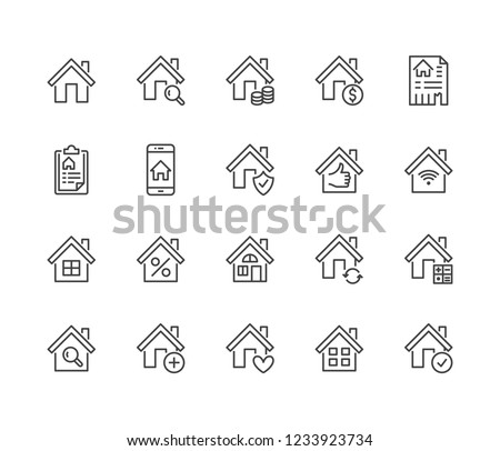 Real estate flat line icons set. House sale, home insurance, mortgage calculator, apartment search app, building renovation vector illustrations. Homepage signs. Pixel perfect 64x64. Editable Strokes.