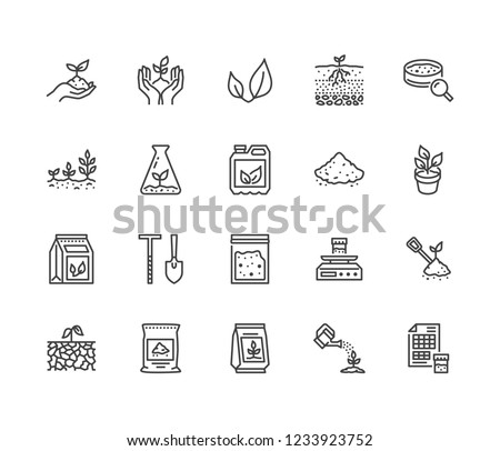 Soil testing flat line icons set. Agriculture, planting vector illustrations, hands holding ground with spring, plant fertilizer. Thin signs for agrology survey. Pixel perfect 64x64. Editable Strokes. Royalty-Free Stock Photo #1233923752