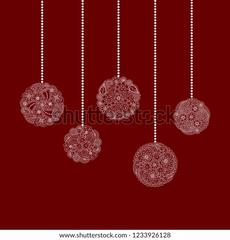 Vector decorative Christmas card with five white tree ball from floral doodle elements on red background. Christmas greeting card
