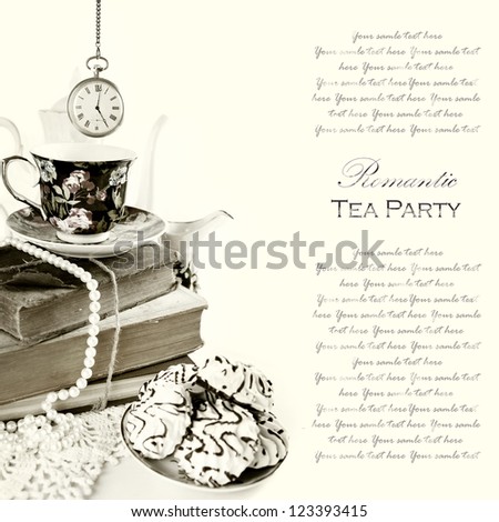 Romantic English 5 o'clock Tea Party Background with vintage pocket watch and sweets