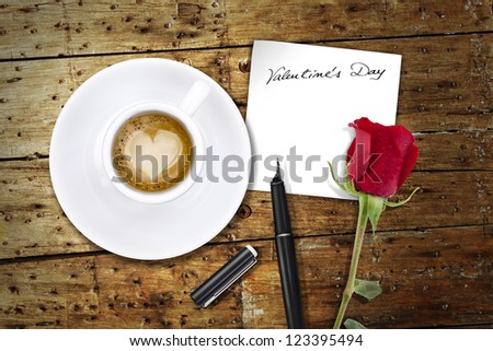 Coffee on Valentines day, wooden table/vintage valentin day back