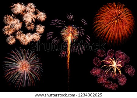 Beautiful colourful fireworks for celebration on black background. New Year and holidays concept