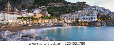 panoramic seascape of Amalfi coast in morning twilight in Italy