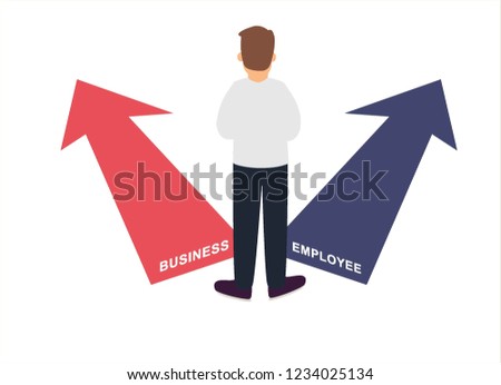 Vector of a business man in front of two roads thinking deciding which way to go in life 
