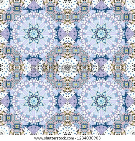 Seamless background pattern. Vector abstract colorful painted kaleidoscopic graphic background. Folk ethnic floral ornamental mandala in blue, gray and neutral colors.