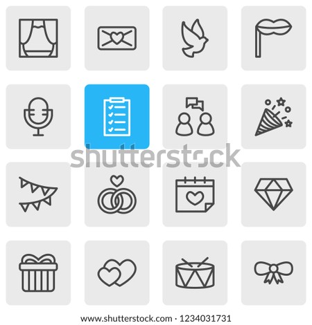 Vector illustration of 16 holiday icons line style. Editable set of mic, drums, heart and other icon elements.