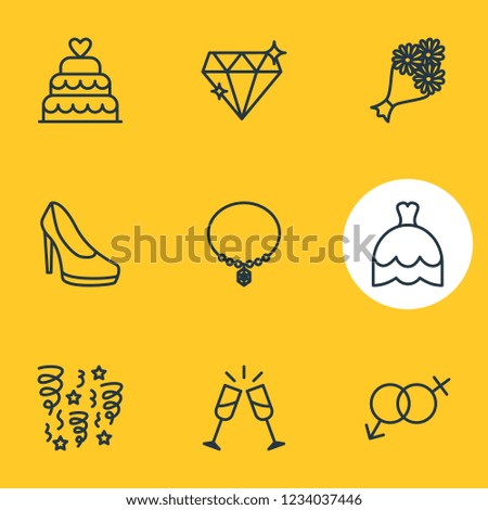 Vector illustration of 9 marriage icons line style. Editable set of necklace, heeled shoes, champagne and other icon elements.