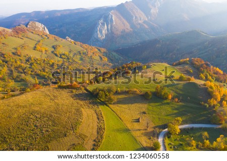 Autumn countryside aerial drone image in Transylvania, Romania