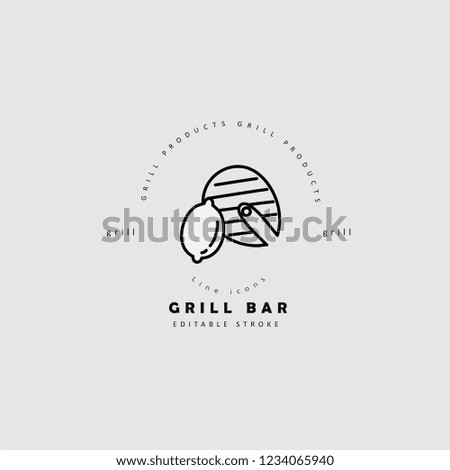 Vector icon and logo for meat and grill cafe or steak restaurant. Editable outline stroke size. Line flat contour, thin and linear design. Simple icons. Concept illustration. Sign, symbol, element.