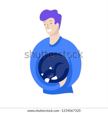 Vector character. Happy people with their pets, cat love their owners. Colorful flat concept illustration.
