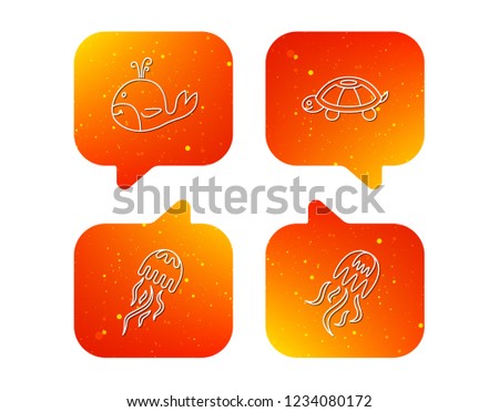 Turtle and jellyfish  icons. Whale linear sign. Orange Speech bubbles with icons set. Soft color gradient chat symbols. Vector
