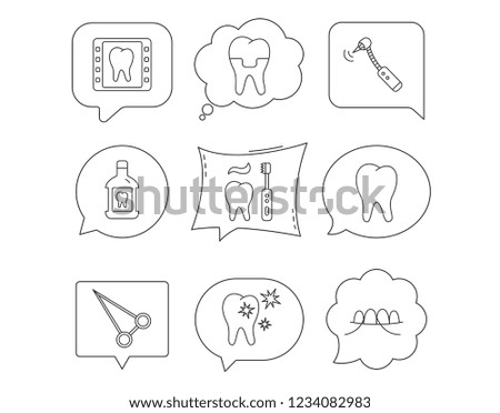 Stomatology, tooth and dental crown icons. X-ray, mouthwash and dental floss linear signs. Toothache, forceps icons. Linear Speech bubbles with icons set. Comic chat balloon. Vector