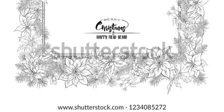 Christmas wreath of spruce, pine, poinsettia, dog rose. With Merry Christmas and Happy New Year lettering.  Outline hand drawing vector illustration. Ñoloring page for the adult coloring book. 

