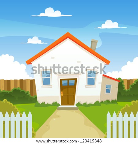 House/ Illustration of a cartoon house in spring or summer season, with backyard garden, fence and hedges