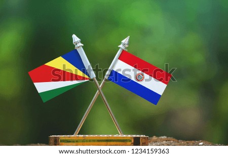 Paraguay and Seychelles small flag with blur green background