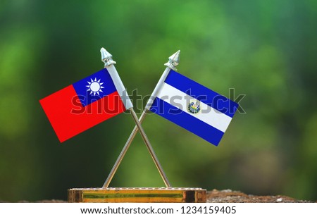El Salvador and Taiwan small flag with blur green background