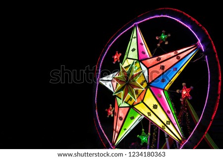 Big Stars retro multicolor light decoration banner on dark background with copy space.