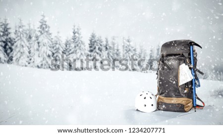 Winter photo of backpack on snow and forest with snowflakes . Free space for your decoration. 