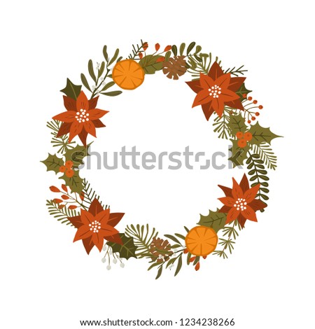 merry christmas winter foliage plants, poinsettia flowers leaves branches, red berries wreath, isolated vector illustration