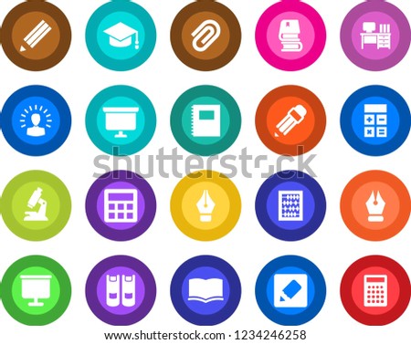 Round color solid flat icon set - book vector, calculator, graduate, abacus, desk, presentation board, microscope, notes, copybook, paper clip, ink pen, pencil, shining head
