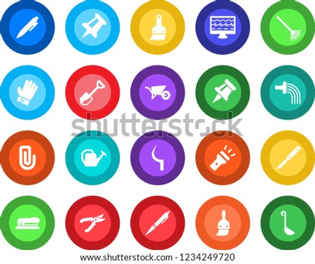 Round color solid flat icon set - pen vector, drawing pin, shovel, rake, watering can, wheelbarrow, pruner, glove, sickle, monitor pulse, scalpel, themes, torch, paper clip, stapler, ladle