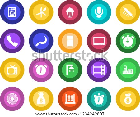 Round color solid flat icon set - alarm clock vector, abacus, money bag, sickle, film frame, vinyl, tv, microphone, call, office phone, rolling pin, outdoor lamp, fridge, windmill