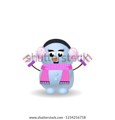 Cute cartoon snowgirl character in pink ear muffs, scarf, mittens with hands up isolated on white background. Vector illustration, template, icon, clip art for christmas, new year winter greeting card