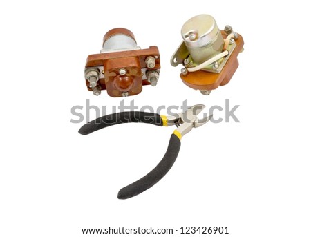  Assorted hand tools and electric relay isolated on white background