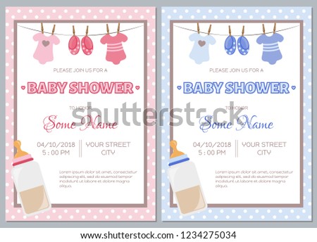 Set of baby shower invitation card babies boy and girl. Baby frame with boy/girl and stickers on light background. It's a boy. It's a girl.