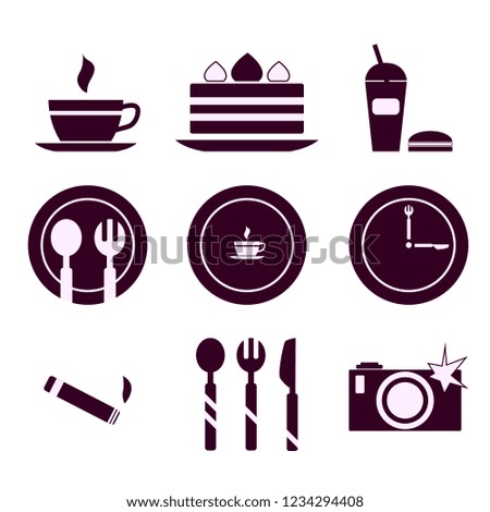 Cafe and restaurant: set of 9 color icons for decoration and design. Coffee, cake, drink, Burger, plate, fork, spoon, knife, camera, cigarette