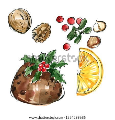 Christmas pudding. Orange slice, hazelnut, walnut, cranberry. The decor. Holly. Sketch watercolor and line ink on a white background.