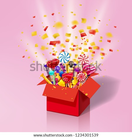Christmas sweet gift box. Explosion of paper confetti. Open 3d-red box with yum, candy, jelly, sweets. Festive surprise with candy. Sweet party icon with lighting effects and particles. Template