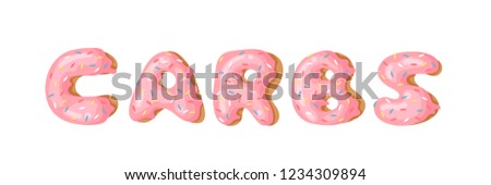 Cartoon vector illustration donut and word CARBS. Hand drawn drawing sweet bun. Actual Creative art work bake