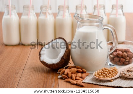 Jug of lactose-free milk, bottles of assorted non-dairy drinks with nut, soybean and rice flavor. Healthy vegan alternative. Royalty-Free Stock Photo #1234315858