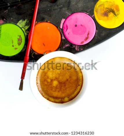 watercolors and espresso cup of coffee on white background,image
