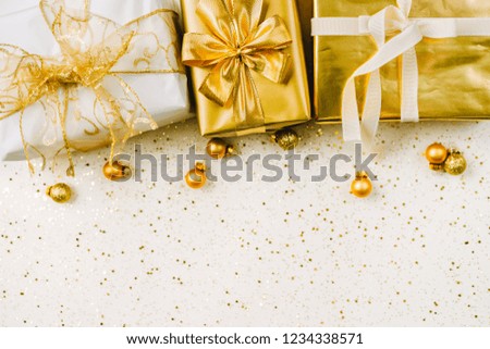 Topv view of golden Christmas gift boxes