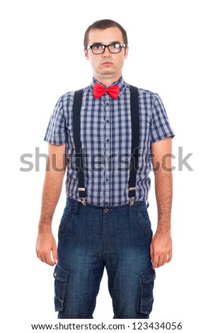 Portrait of silly nerd man, isolated on white background.