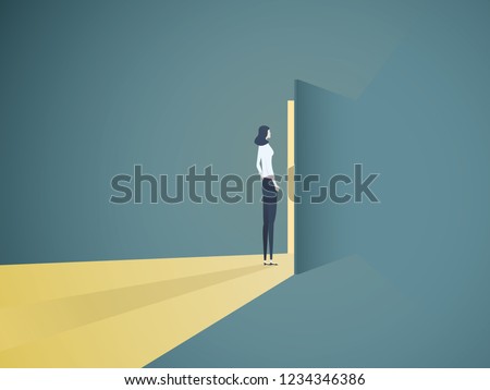 Businesswoman opening door vector concept. Symbol of new career, opportunities, business ventures and challenges. Eps10 vector illustration. Royalty-Free Stock Photo #1234346386