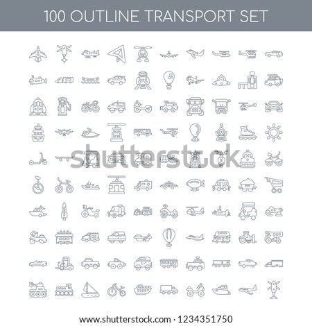 100 Transport universal icons set with Car linear, Aeroplane Boat Motorcycle Van Ship Bicycle Sailboat Train Tank linear
